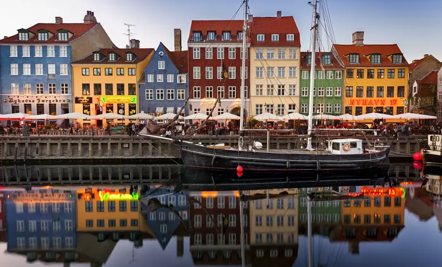 Colorful buildings and boats at Nyhavn in Copenhagen, Denmark