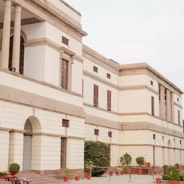 Facade of Pradhanmantri Sangrahalaya or Prime Ministers’ Museum & Library, a historical place on Lok Kalyan Marg or Seven Race Course Road in New Delhi, India. 