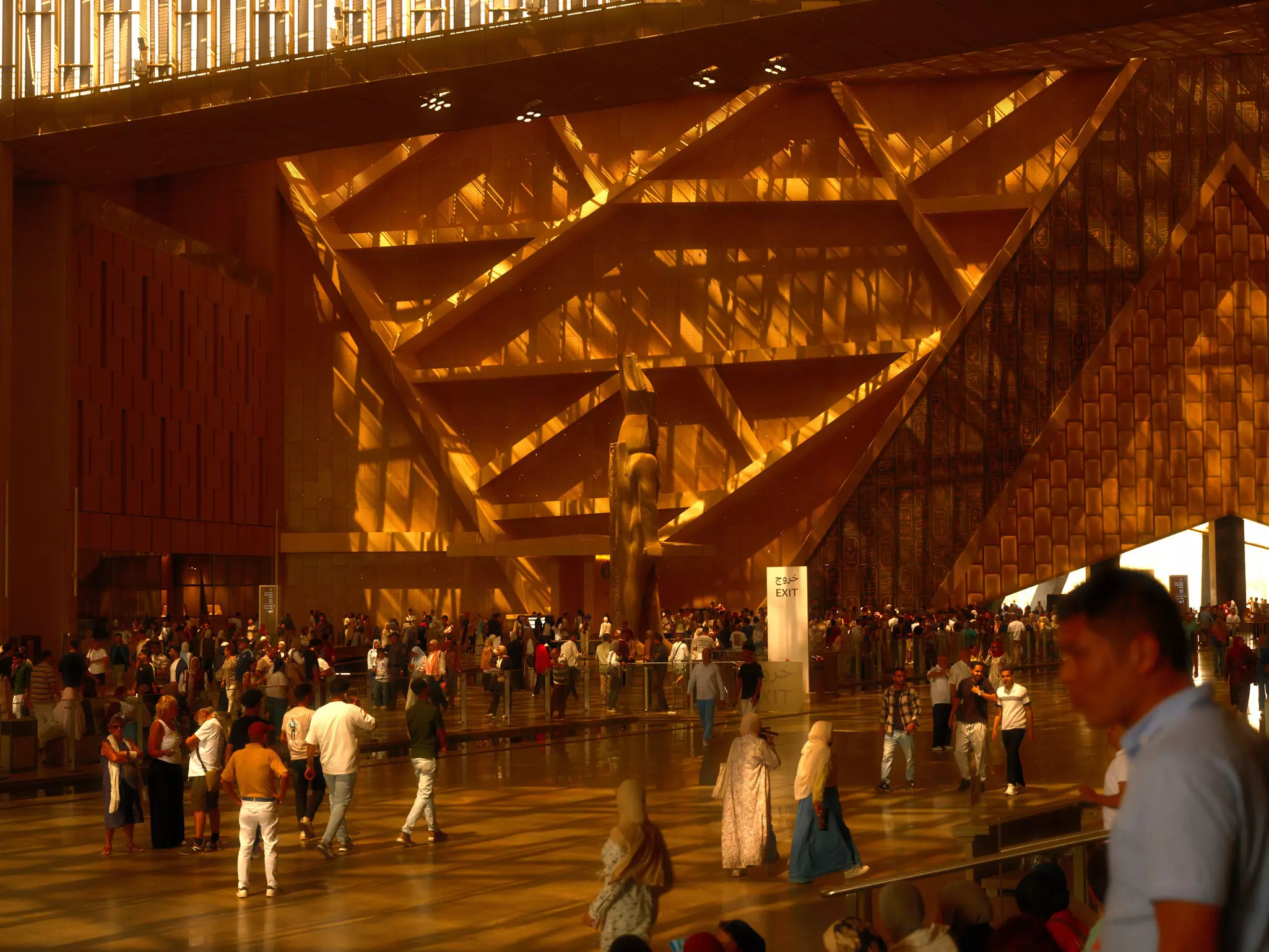 The interior of The Grand Egyptian Museum, or GEM, which officially fully opened to the public in November 2025. The building has views of the Great Pyramid of Giza