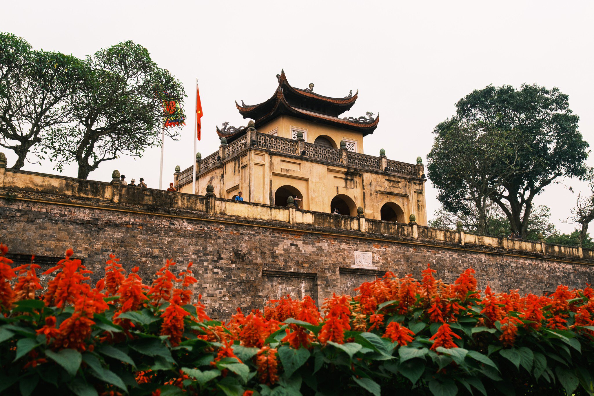 The Thang Long Citadel in Hanoi with red flowers in the foreground.