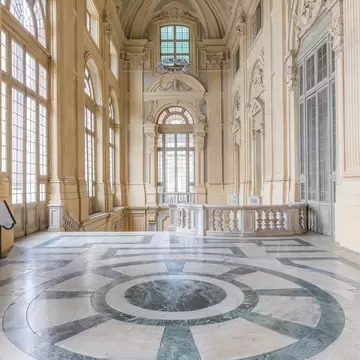 The most beautiful Baroque hall of Europe located in Madama Palace (Palazzo Madama). Interior with luxury marbles, windows and corridors.