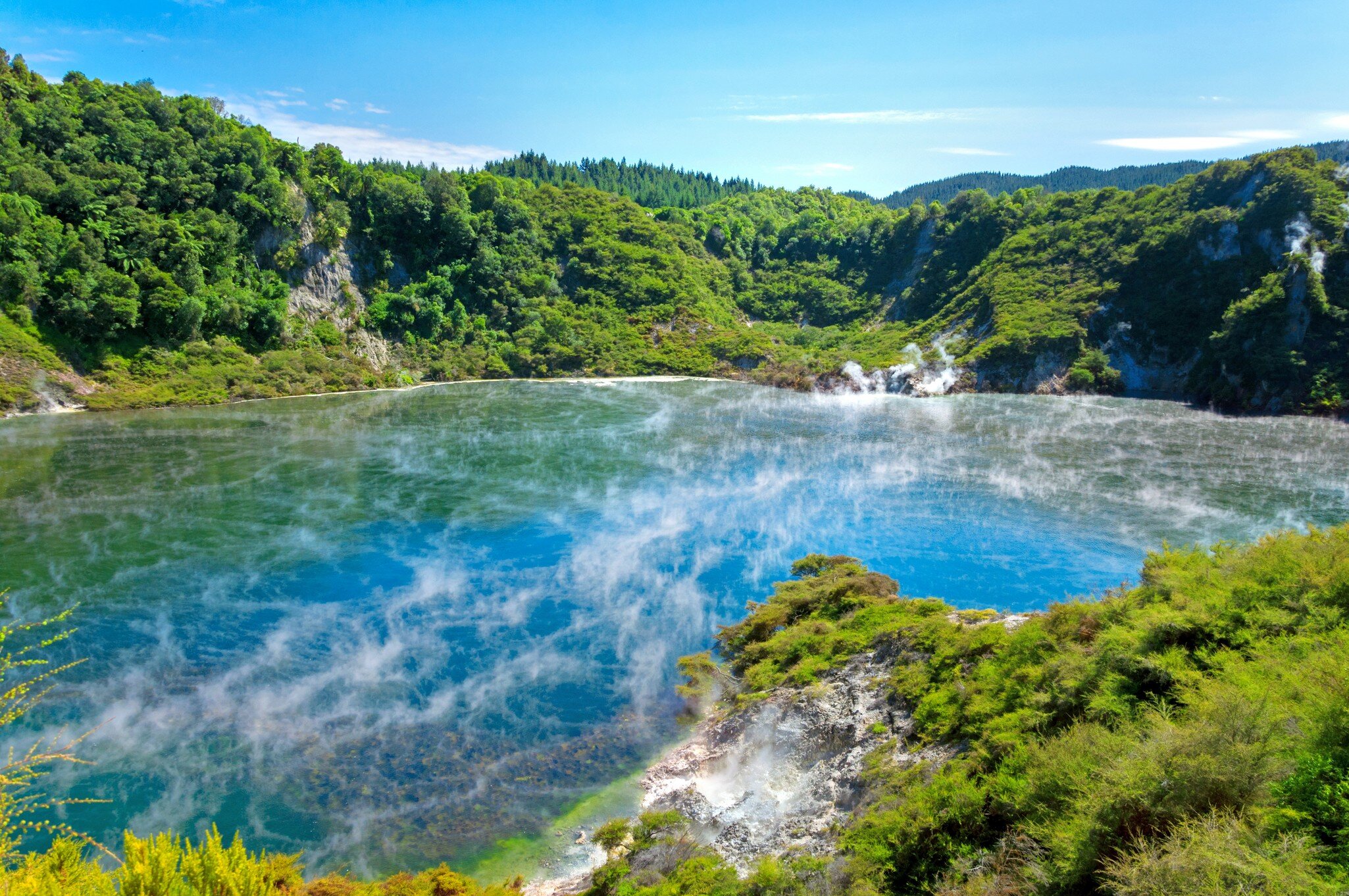 Hot Frying Pan Lake with clouds of steam in Echo Crater at Waimangu volcanic valley;
Geothermal landscape in Rotorua, New Zealand