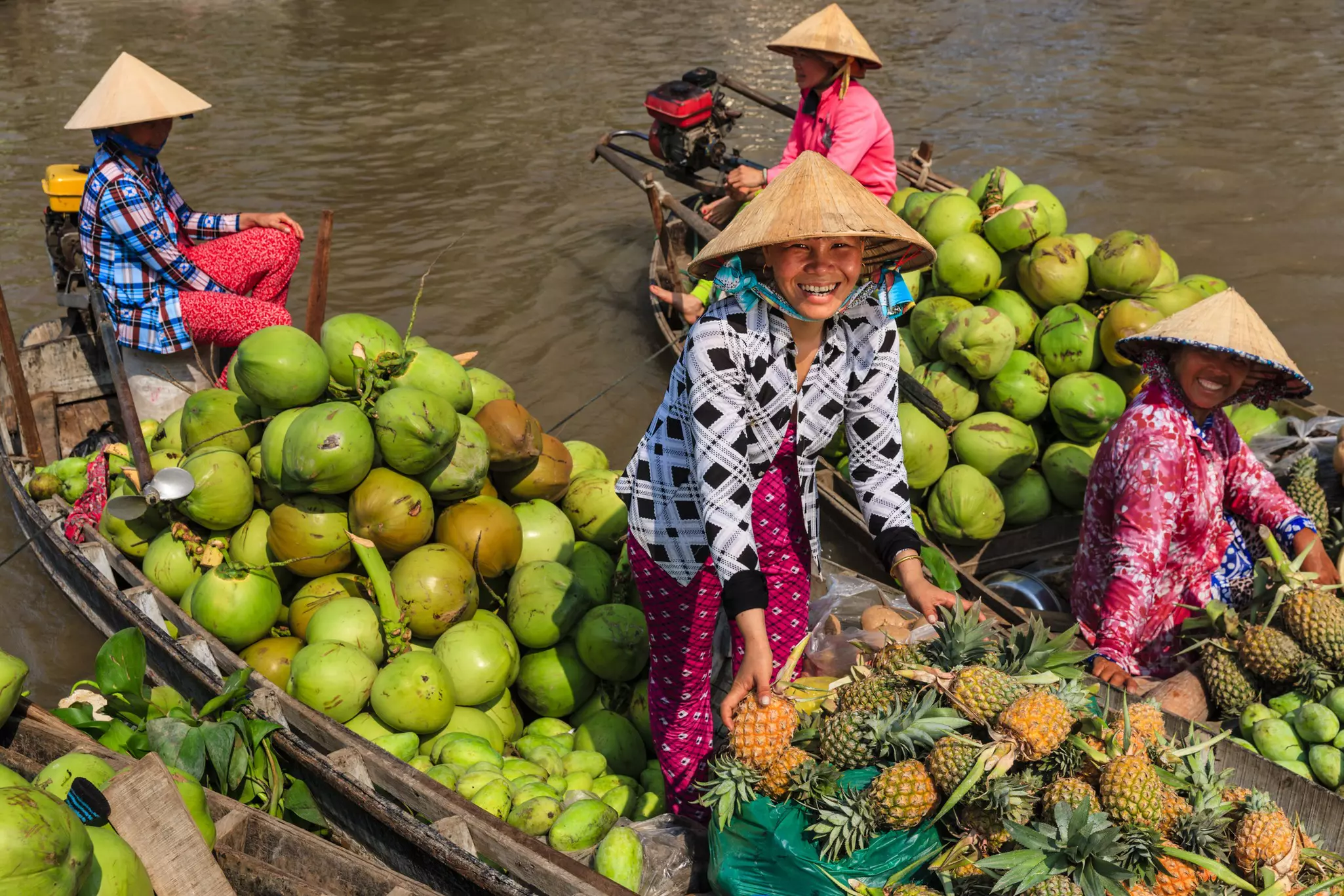 A woman in a pointed straw hat sells fruits from a boat at a floating market