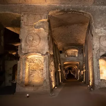 Naples, Italy - January 26 2024:  view of interior of famous tourist attraction in Naples. Catacombs of San Gennaro dug into the tuff