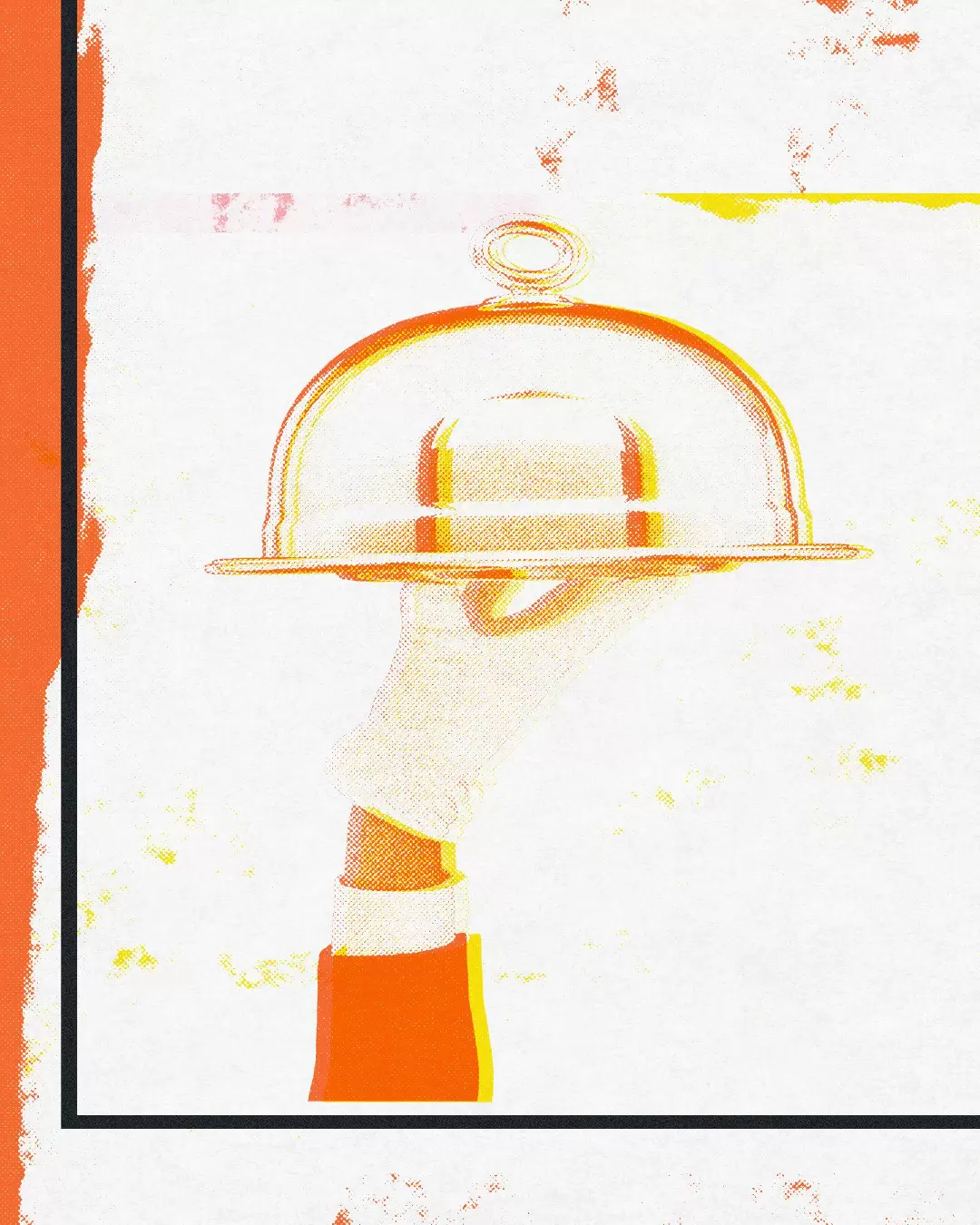 A gloved hand holds a tray with a dome over it aloft