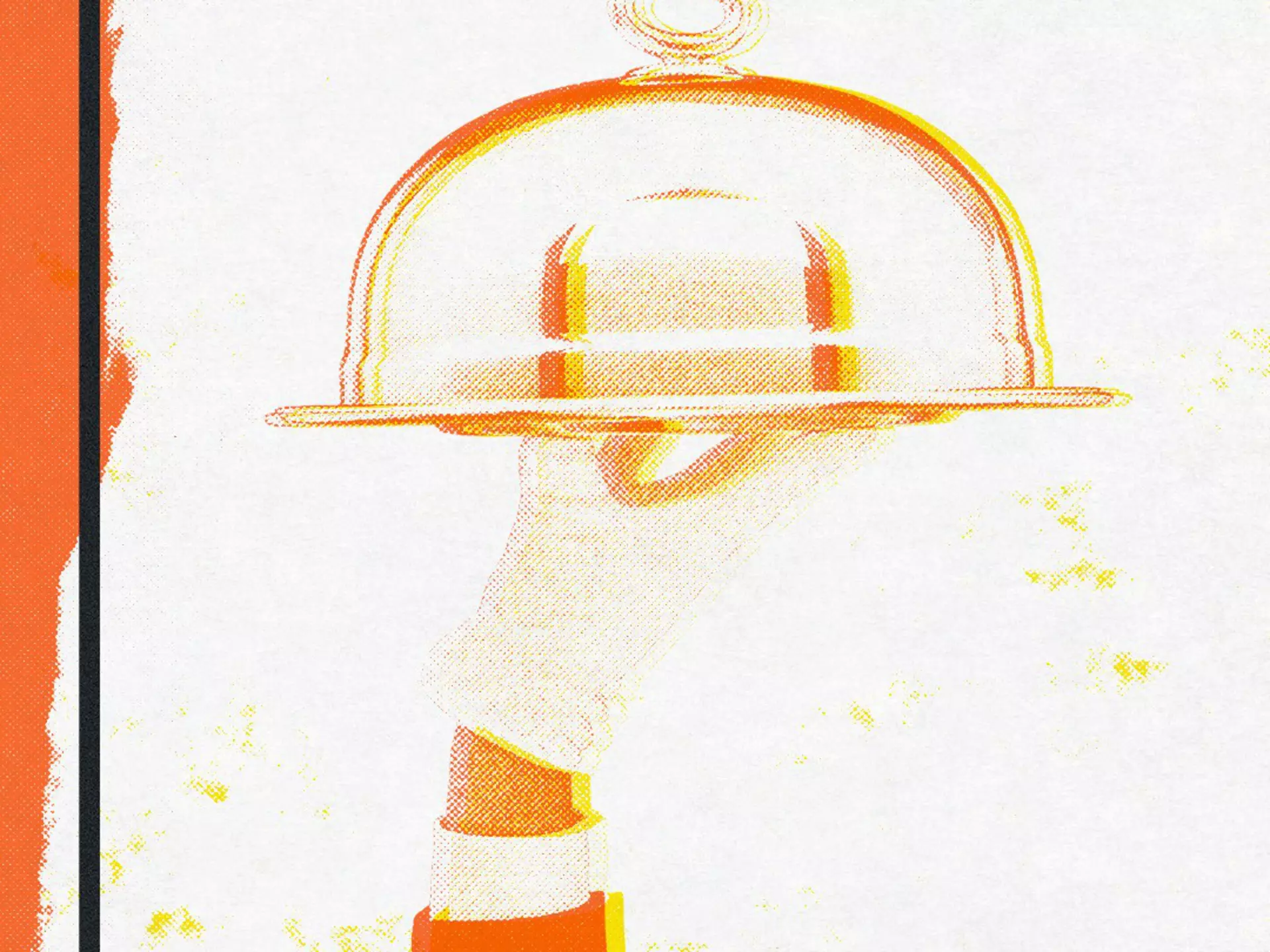 A gloved hand holds a tray with a dome over it aloft