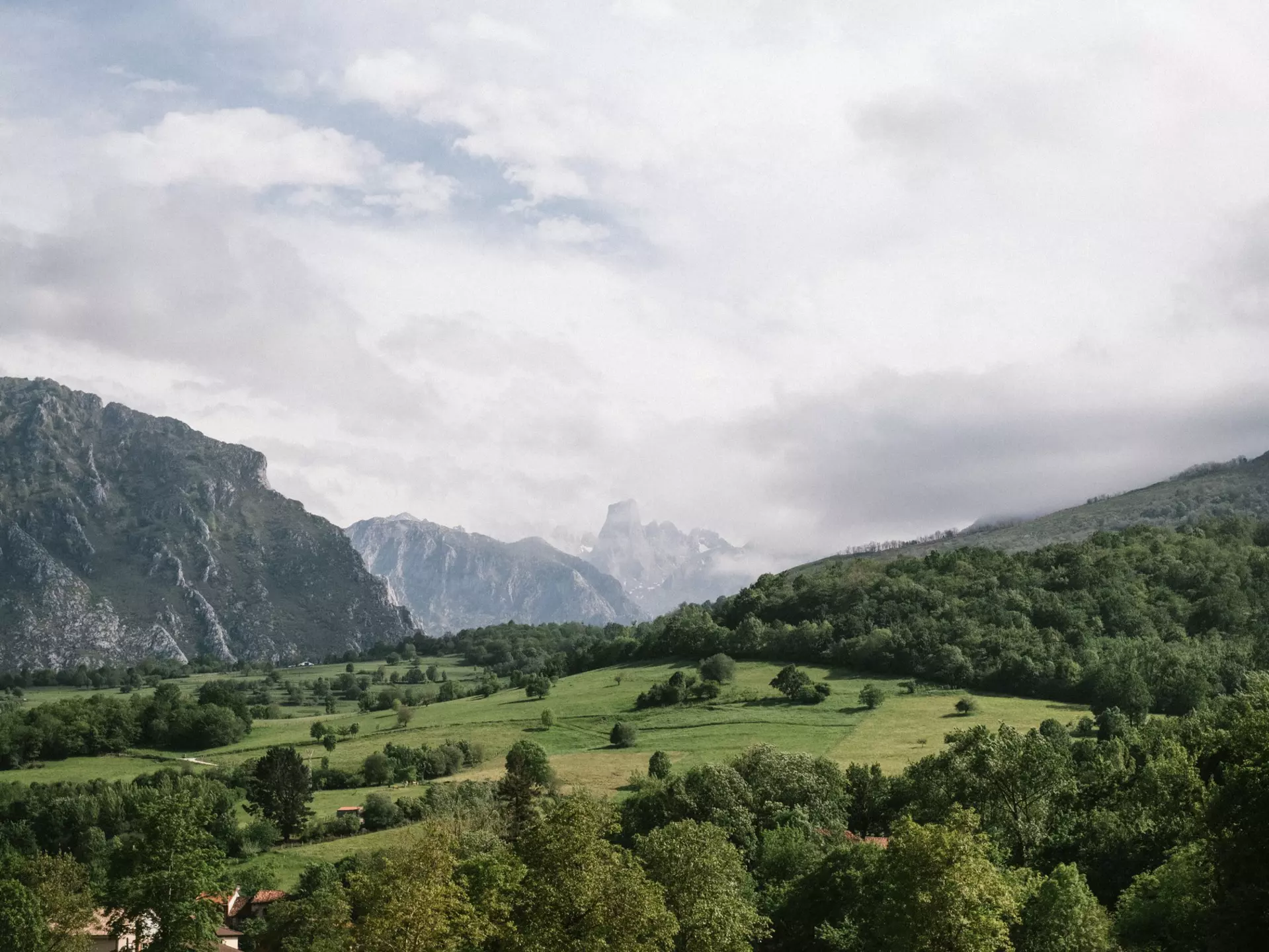 A green field surrounded by trees with rocky peaks in the background under cloudy skies.