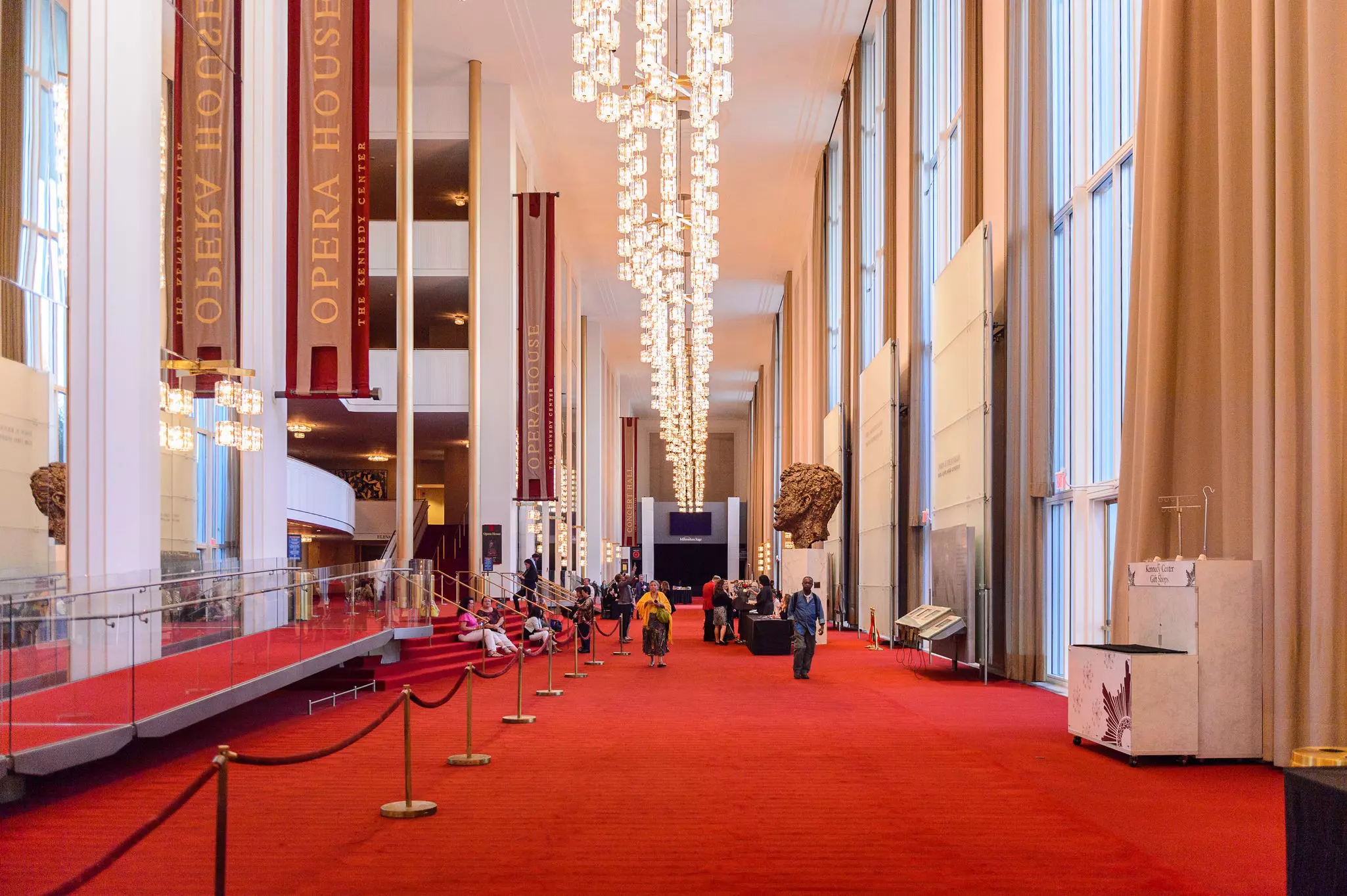 Interior of the John F. Kennedy Center for the Performing Arts. The Center produces and presents theater, dance, ballet, orchestral, chamber, jazz and folk music