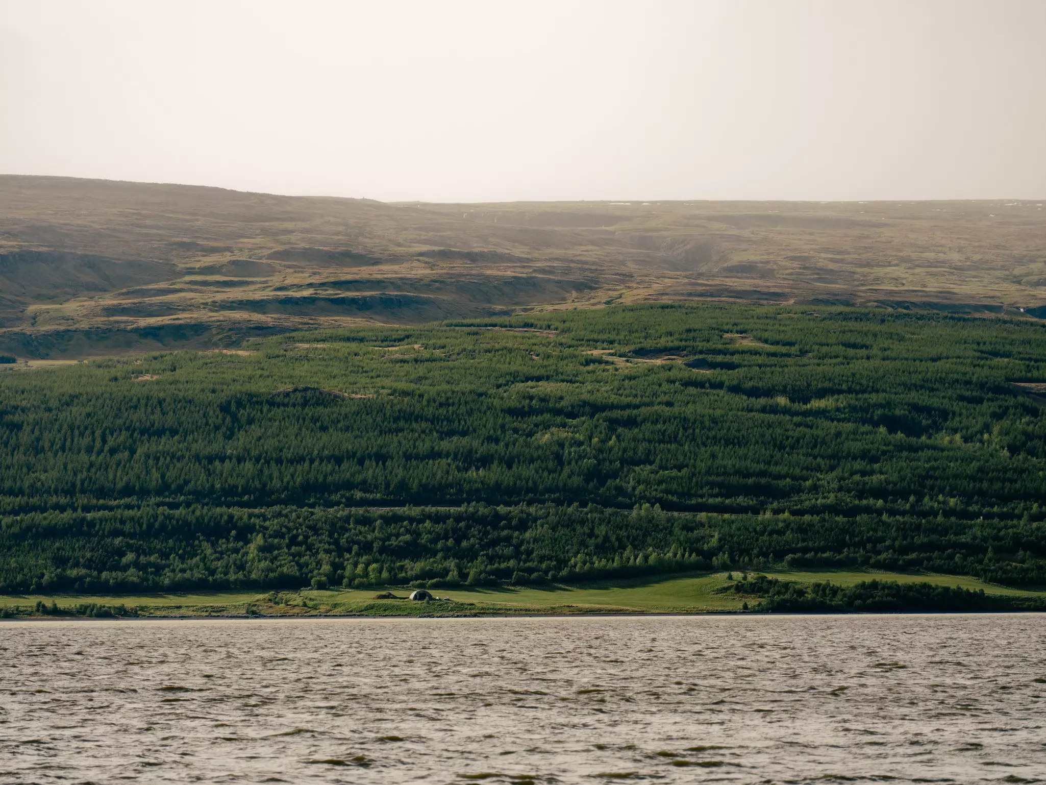 Low mountain with evergreens and grass and large body of water in the foreground on an overcast day.