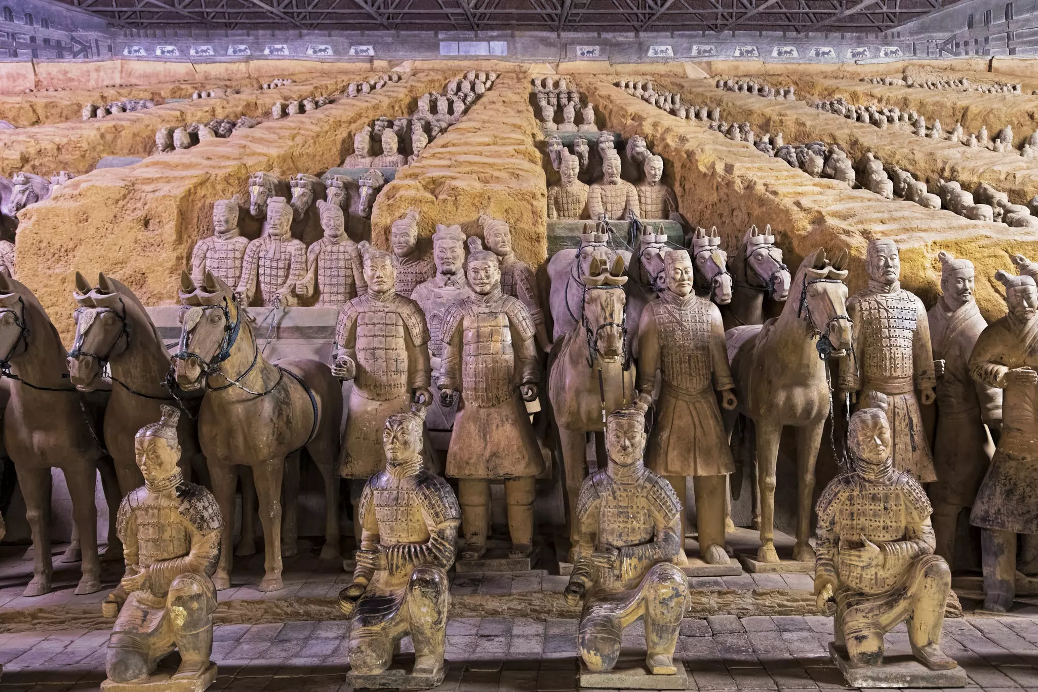 Rows of life-size terracotta sculptures of soldiers and horses are lined up in giant pavillion.