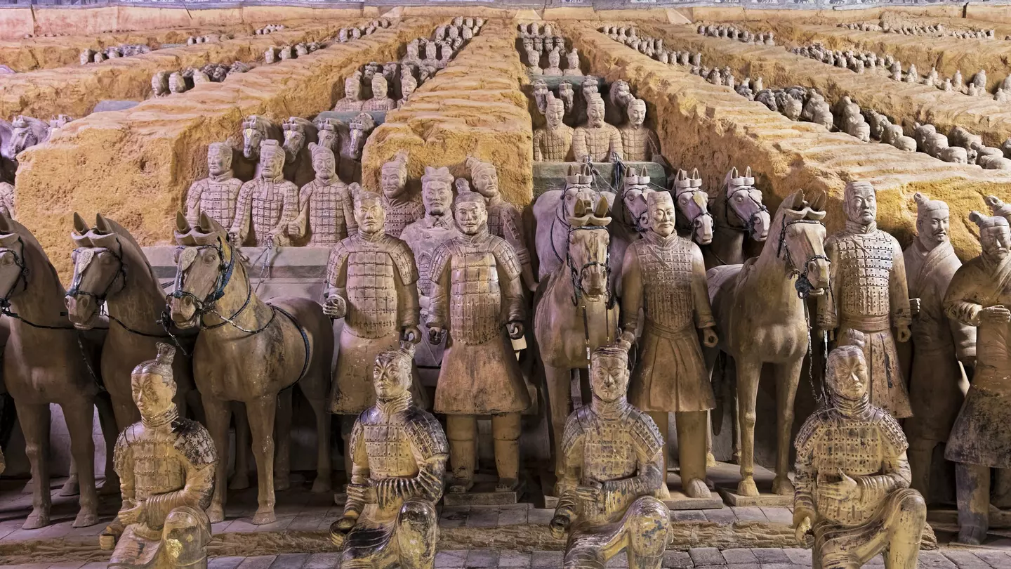 Rows of life-size terracotta sculptures of soldiers and horses are lined up in giant pavillion.