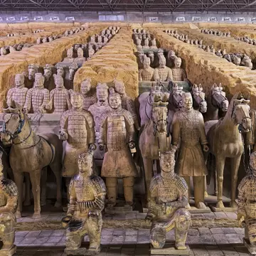 Rows of life-size terracotta sculptures of soldiers and horses are lined up in giant pavillion.