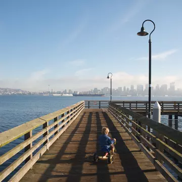 Boy rides tricycle on wooden dock looking out at Seattle skyline from Alki Beach.
187156606
destination, childhood, city