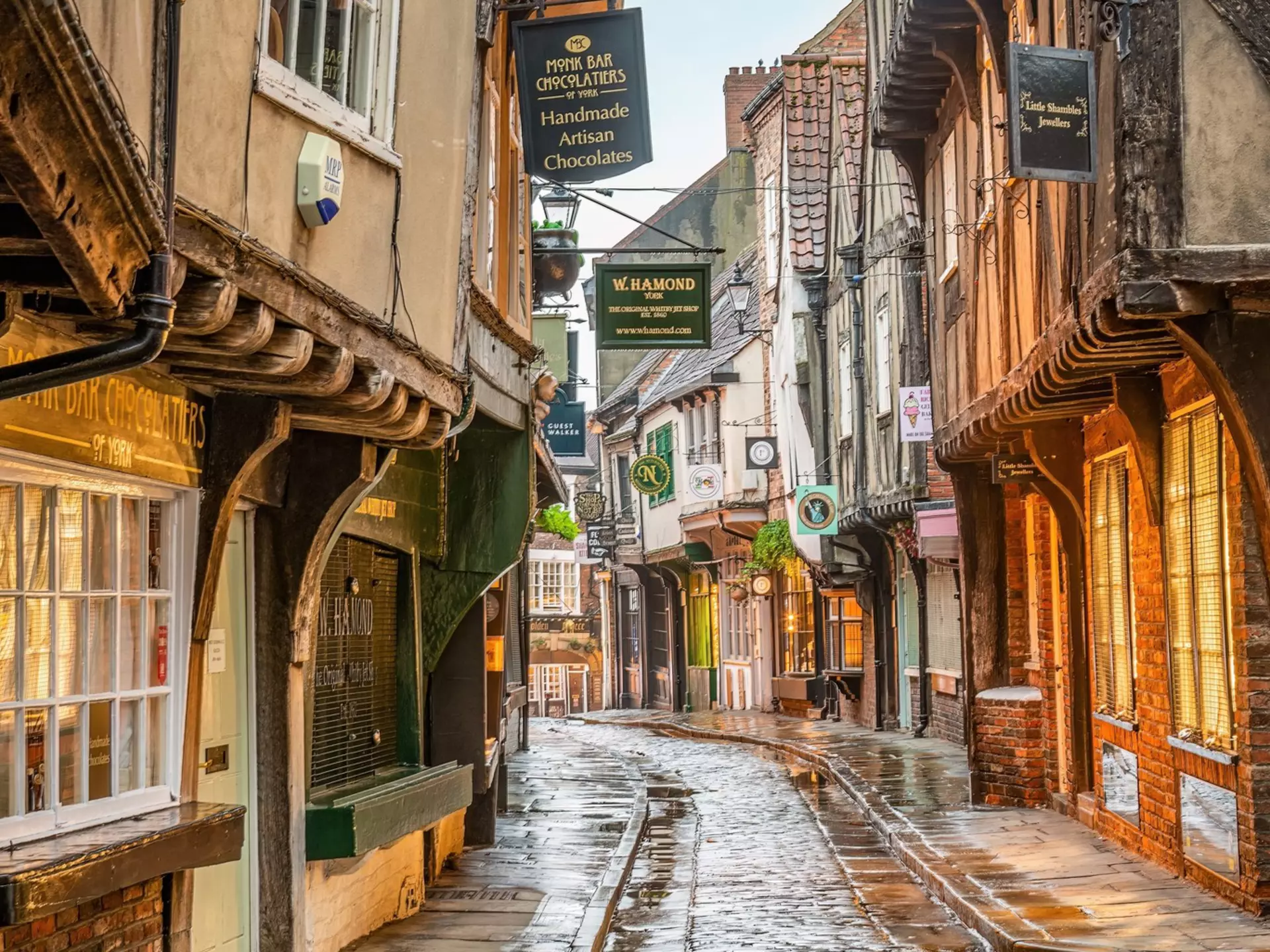 The Shambles is a historic street in York and is considered to be one of the best preserved streets in England due to its mediaeval featured buildings.