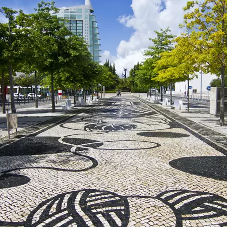 Black and white tiles lead into parkland lined with contemporary architecture.