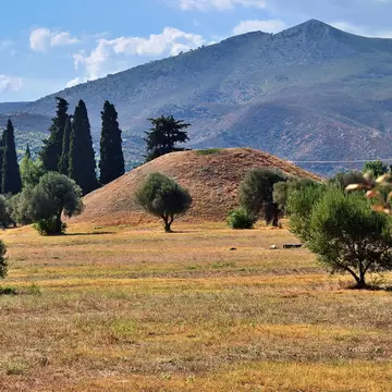 View of the burial mound at the Battle of Marathon in Marathon, Greece.