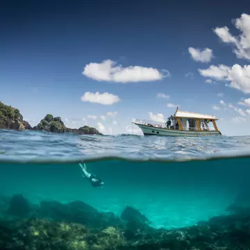 A woman snorkels underwater while a small tour boat moors nearby