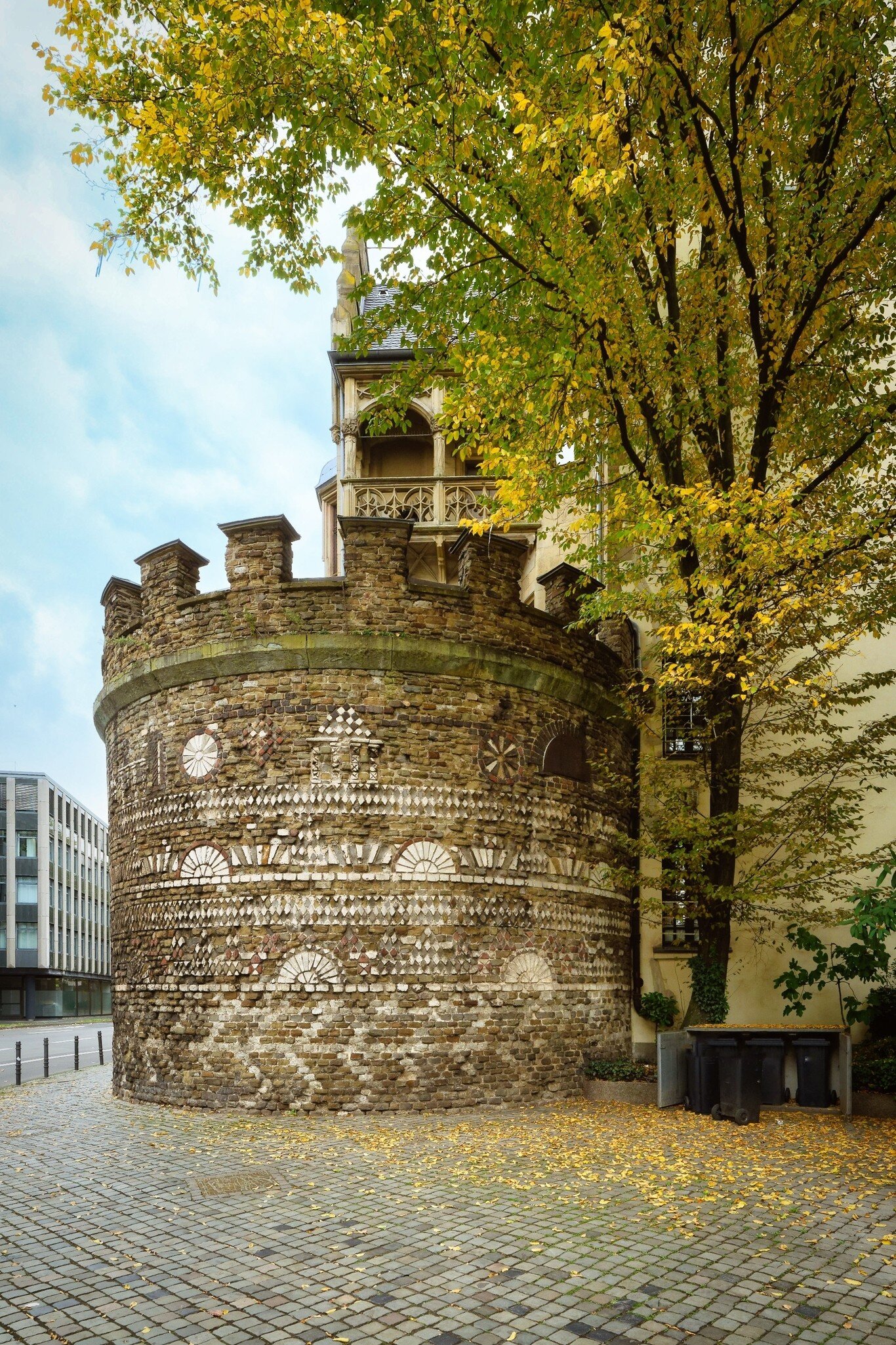 The nearly 2000-year-old Roman Tower (Römerturm) in Cologne, Germany shows its mosaic facade.