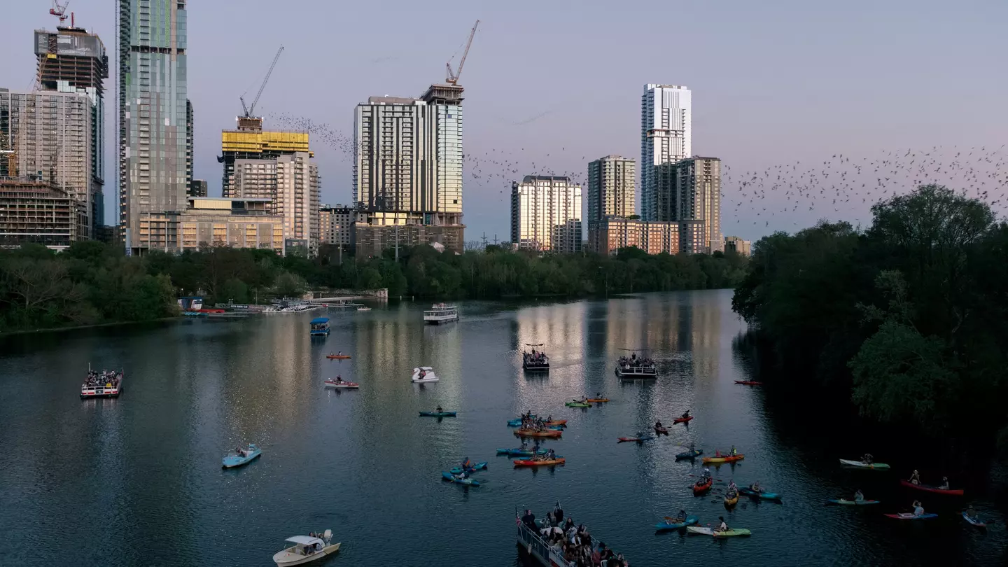 Aerial view of boats and kayaks on the water during sunset, as bats fly in the air in Austin, Texas.