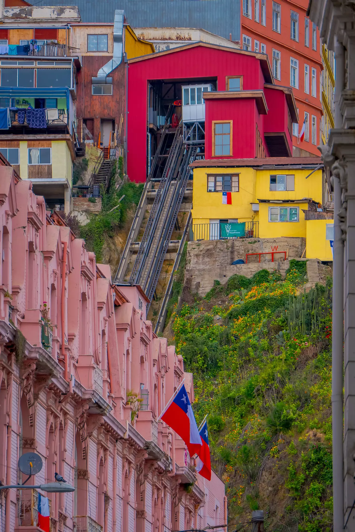 Outdoor view of Funicular railway, named Ascensor El Peral, leading up a hill in Valparaiso, Chile