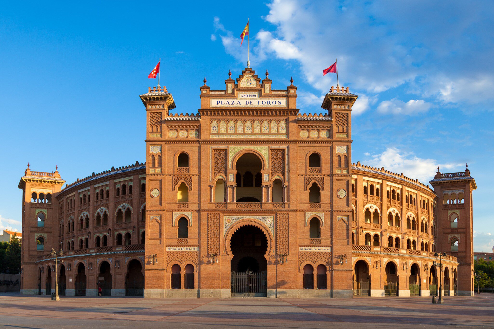 The entrance and exterior of the Plaza de Toros de Las Ventas in Madrid, Spain.