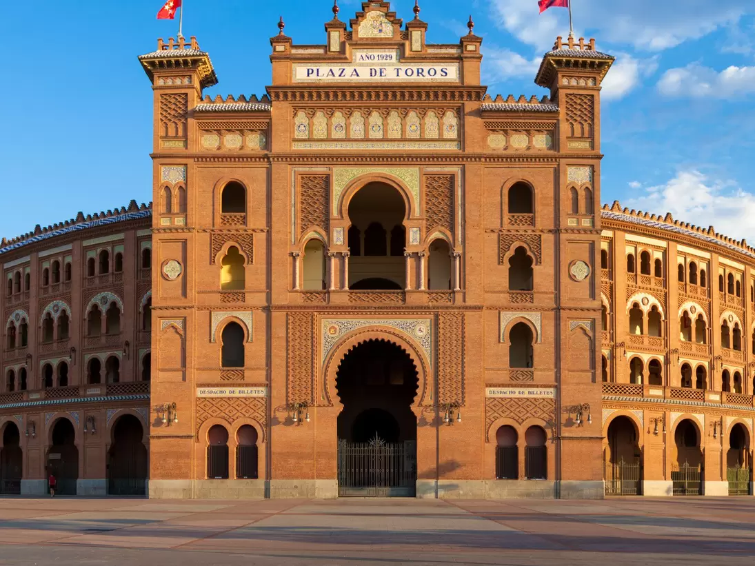 The entrance and exterior of the Plaza de Toros de Las Ventas in Madrid, Spain.