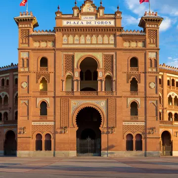 The entrance and exterior of the Plaza de Toros de Las Ventas in Madrid, Spain.
