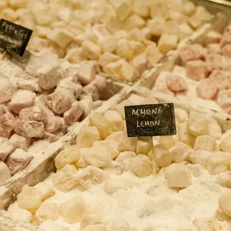 Sugar dusted local sweets (Loukoums) in a shop display, Ermoupoli, Syros Island, Cyclades Greece