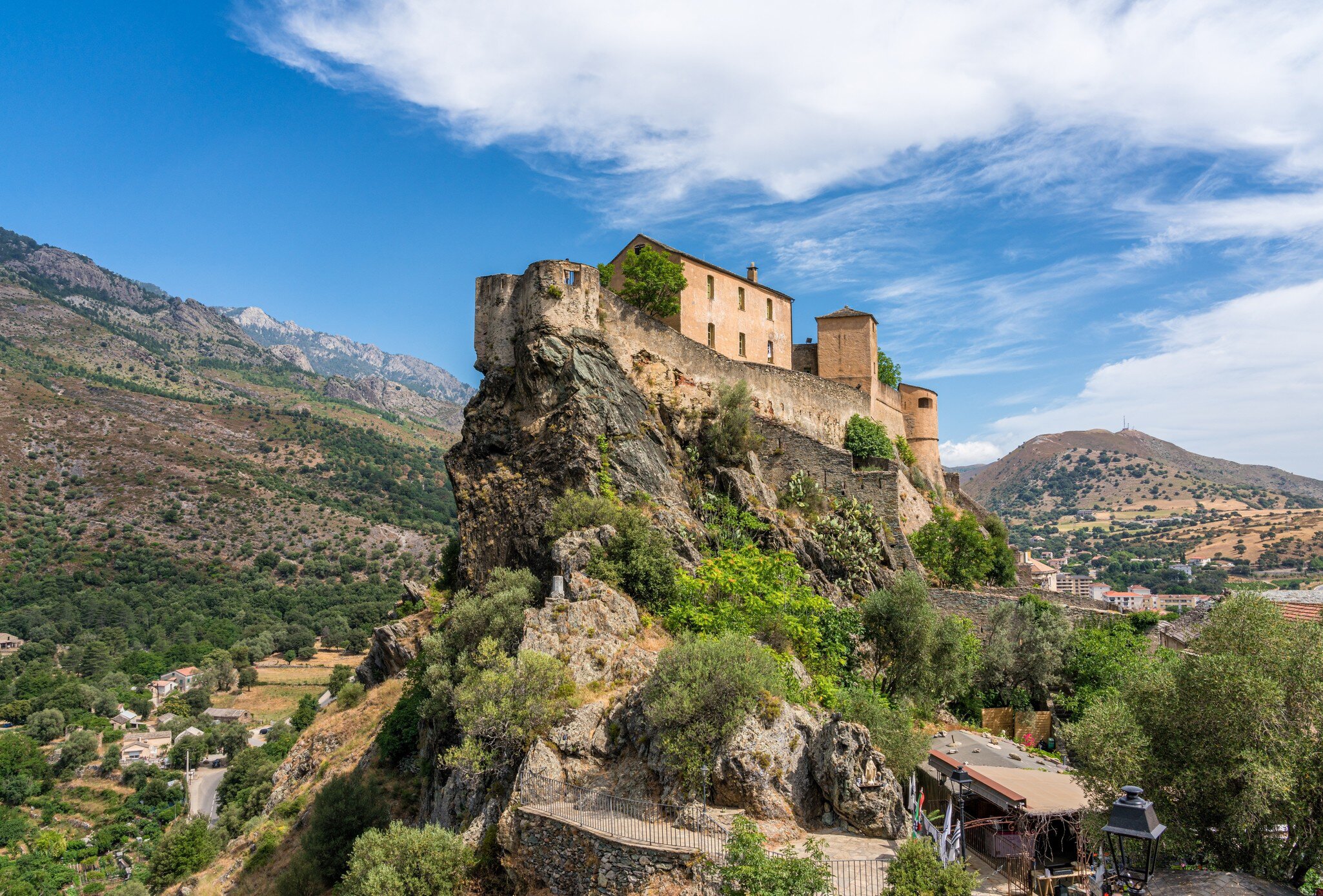 The beautiful little town of Corte overlooked by its Citadel, on a summer morning, Corsica, France.