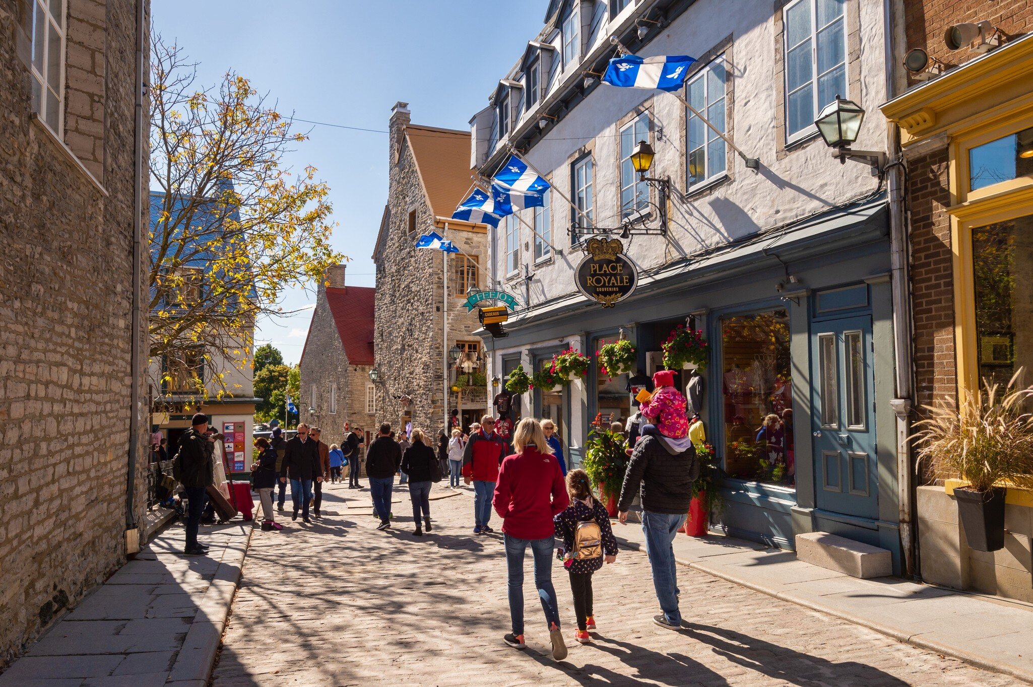 Quebec City, Canada - 5 October 2019: Quebec flags on Notre-Dame street.