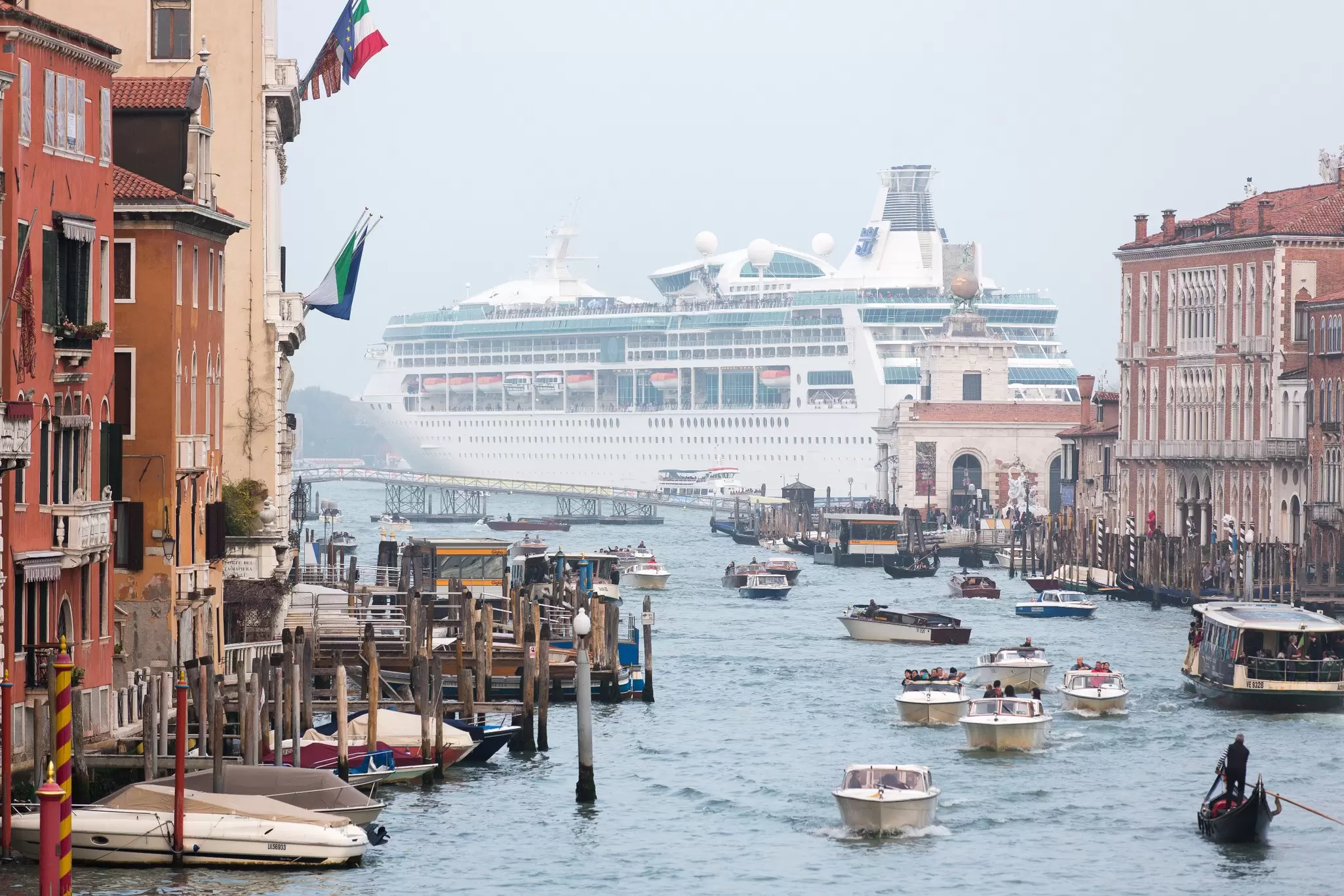 A large cruise ship passing through Venice, Italy