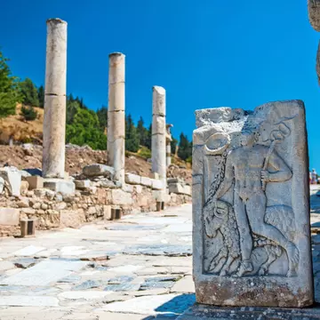 Ephesus Ram Figure, Turkey.Archaeological site, Ephesus - Turkey. The entrance to one of the brothels in Ancient Ephesus was marked by a (carved) footprint.,Turkey brothel Ephesus,
ruins, ancient, biblical, archaeology, turkey, ephesus