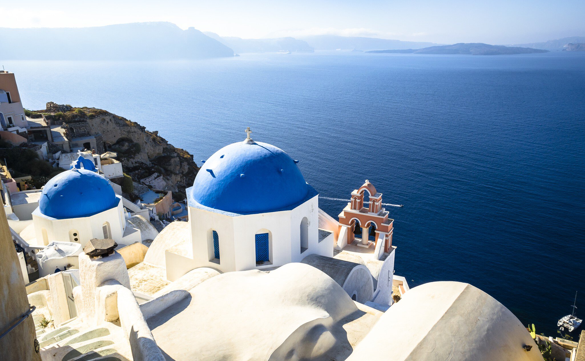 Houses on the coast of Santorini in Greece.