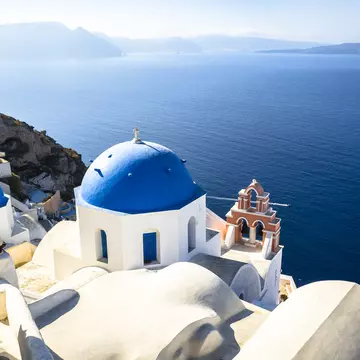 Houses on the coast of Santorini in Greece.