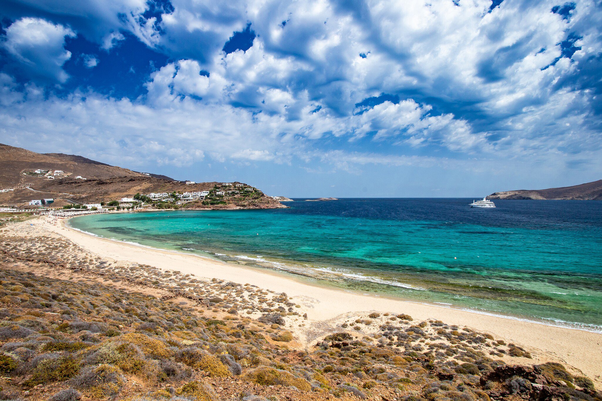 View over Panormos Beach on the island of Mykonos in Greece.
