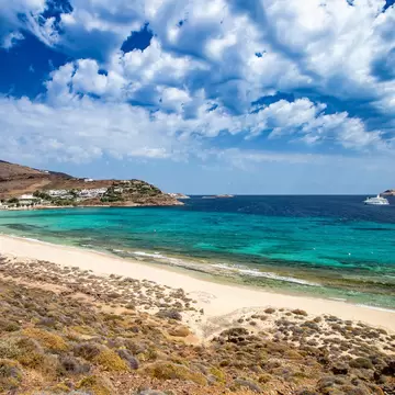 View over Panormos Beach on the island of Mykonos in Greece.