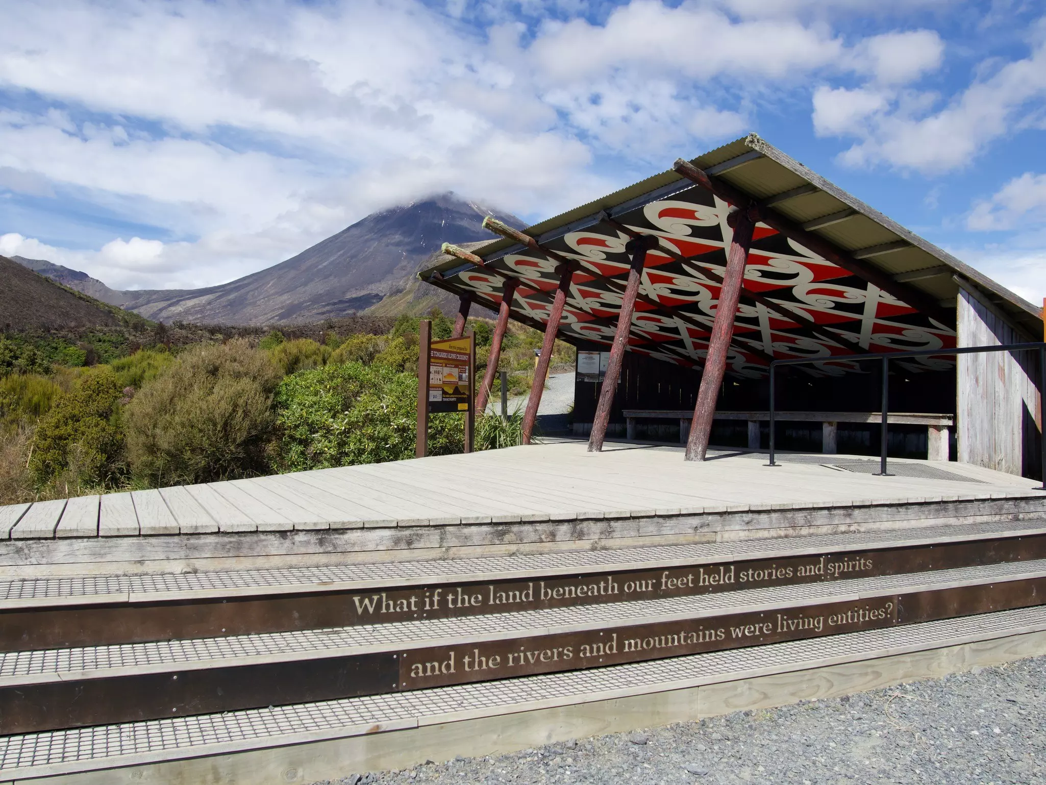 The trailhead for the Tongariro Alpine Crossing hike in New Zealand (Aotearoa).