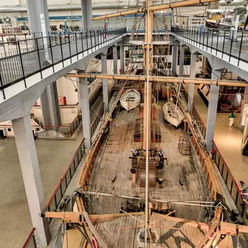 A scale model of a historic sailing ship in the Museo Nazionale Scienza e Tecnologia Leonardo da Vinci.