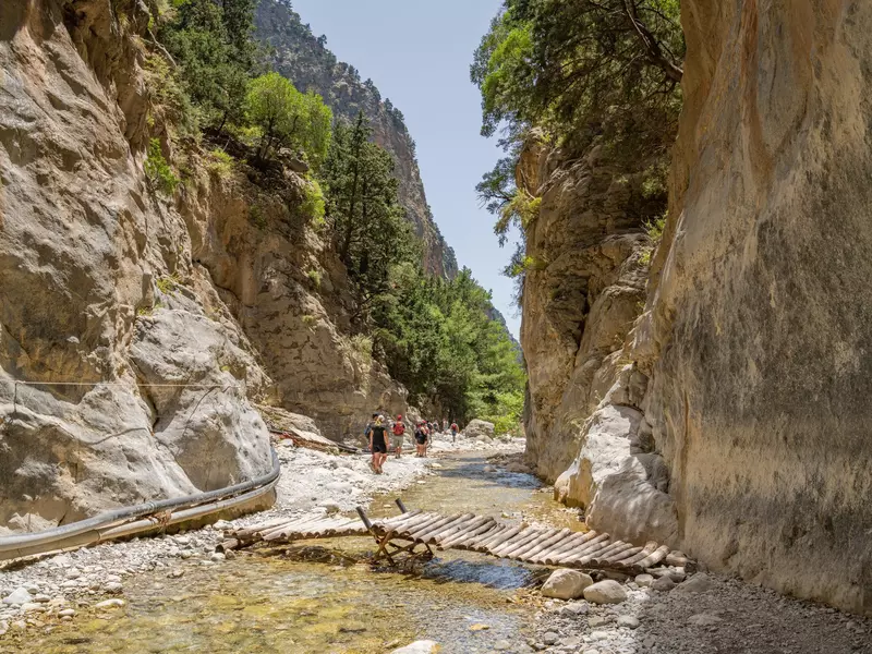 A gorge with a walkway over a stream. 