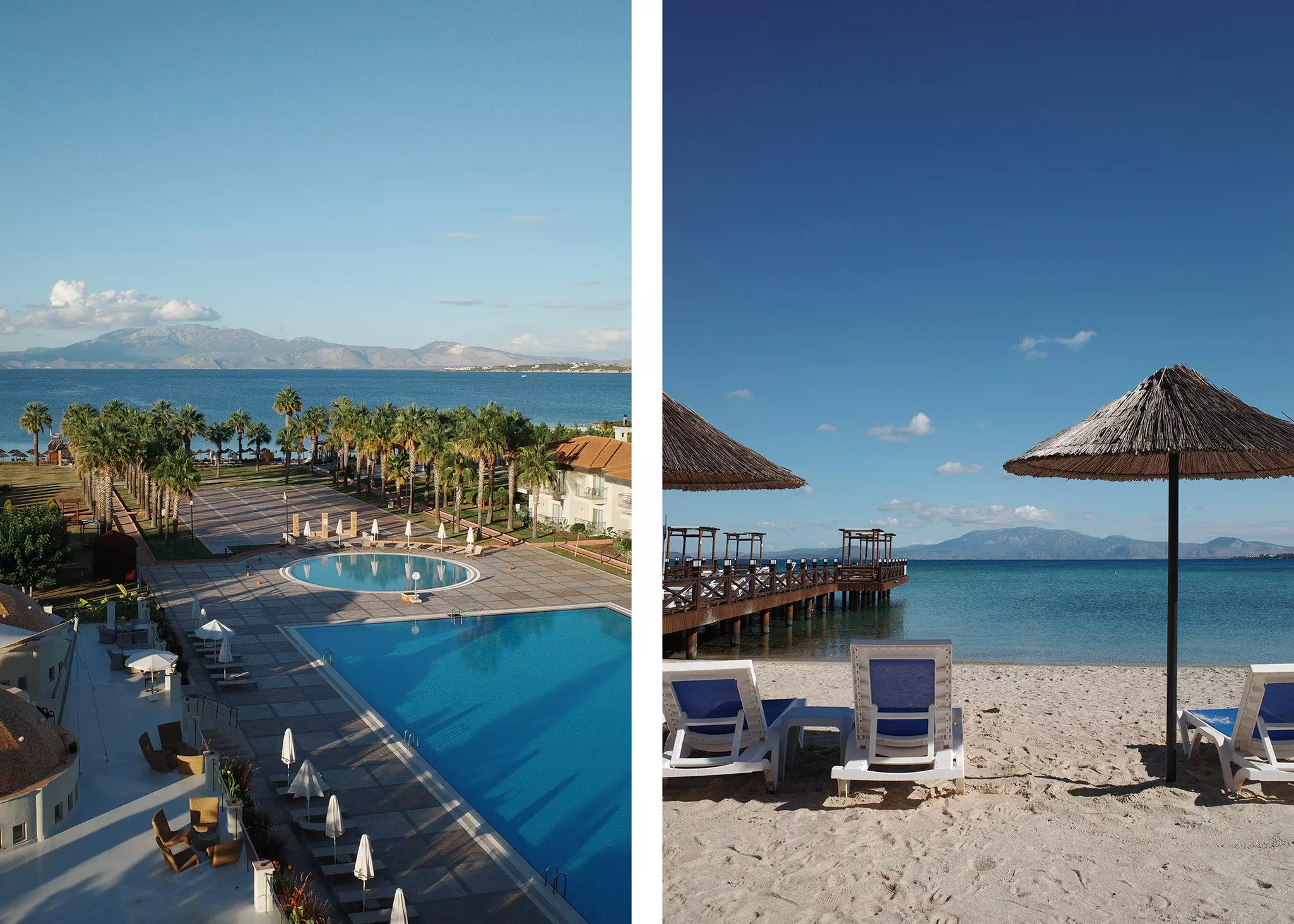 Left, a view of a hotel pool with a sea view; right, view of beach chairs and umbrellas looking out to the sea