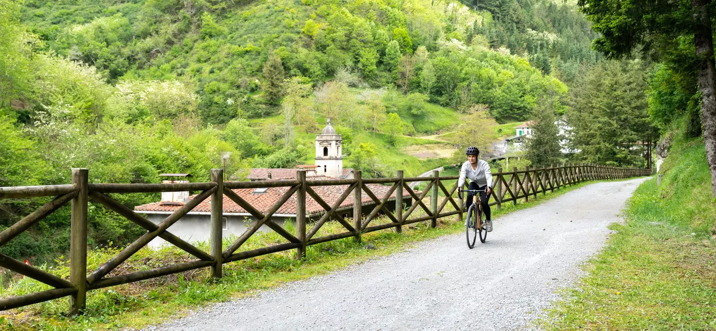 Elene Corta rides a bike over the Urola Greenway, one of Spain’s ‘Vias Verdes’ routes.