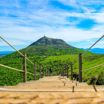Stairs leading down towards Puy de Dome volcano.