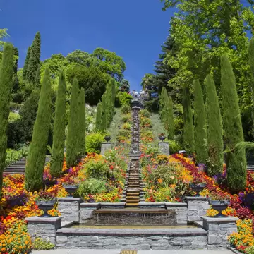 Italy Flower stairs and bed of flowers, Mainau Island, Baden-Württemberg, Germany, Europe