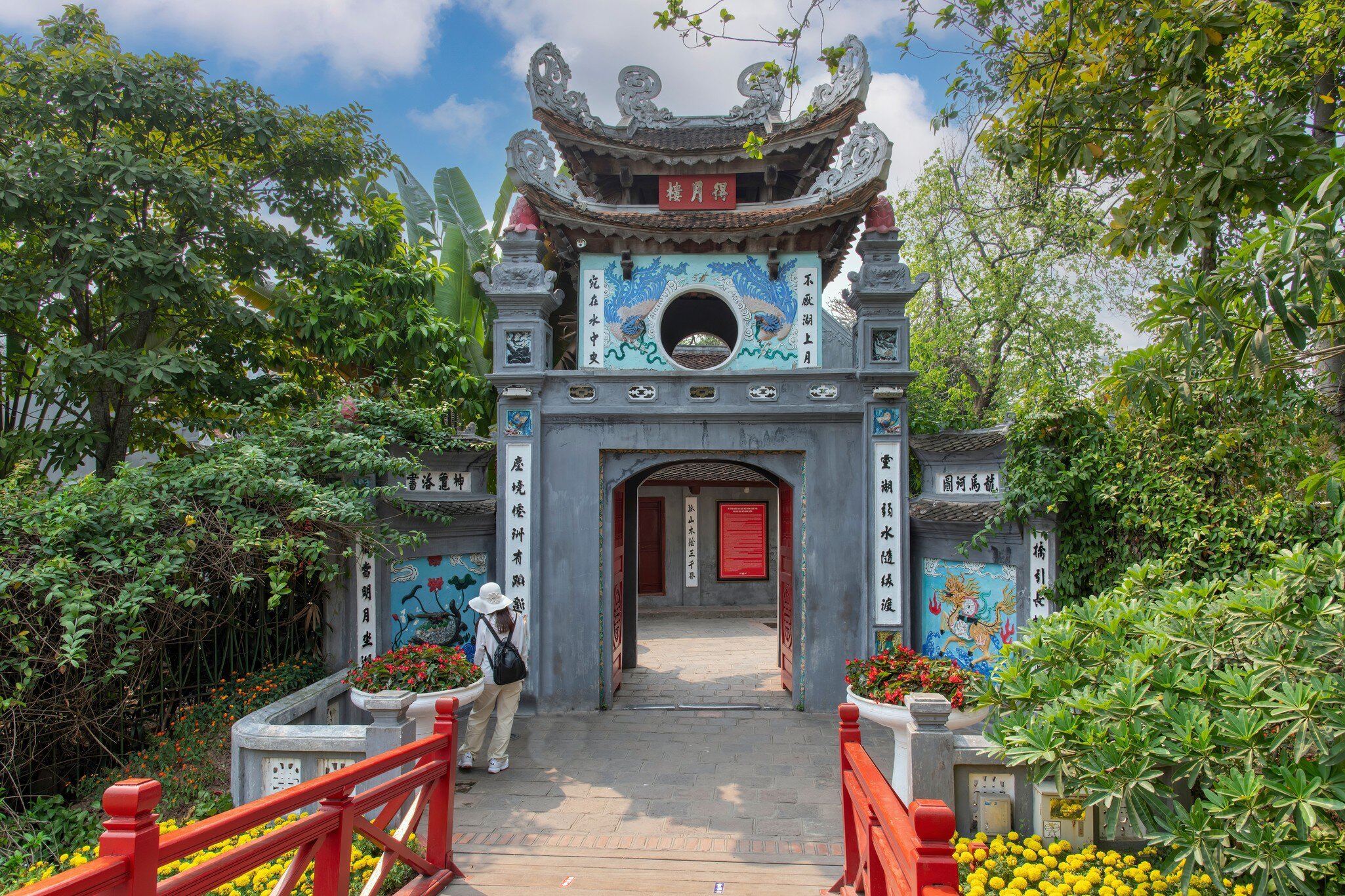 Entrance gate to the sacred Buddhist Ngoc Son Temple in Hoan Kiem Lake, Hanoi, Vietnam.