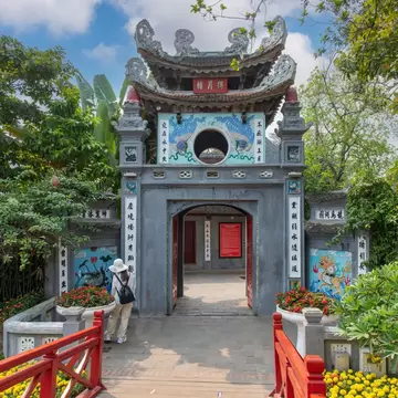 Entrance gate to the sacred Buddhist Ngoc Son Temple in Hoan Kiem Lake, Hanoi, Vietnam.