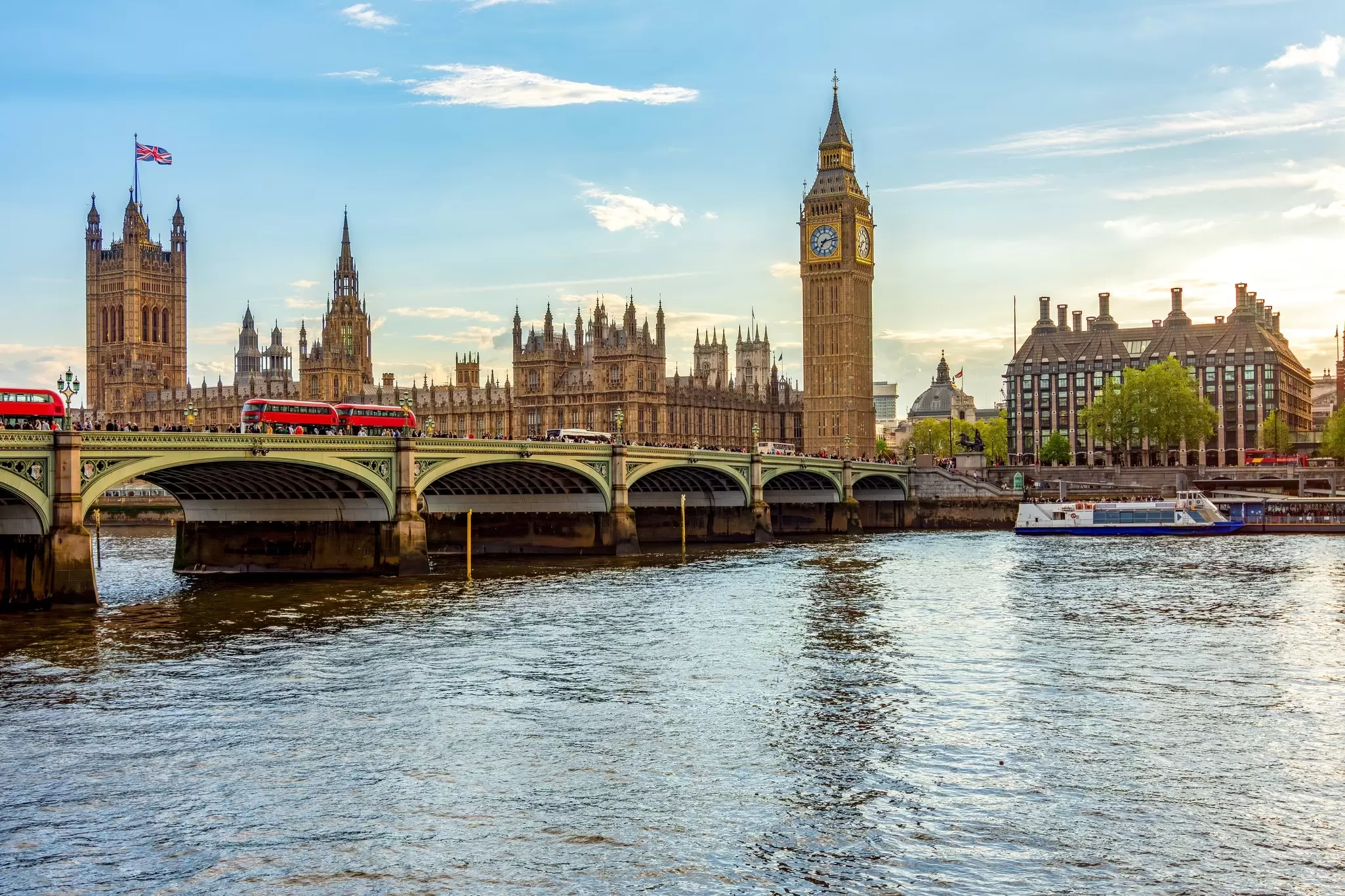 Houses of Parliament with Big Ben tower and Westminster bridge at sunset, London, UK