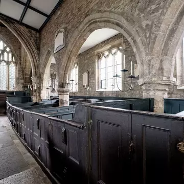 York England UK. May 2018. Interior of Holy Trinity Church, Goodramgate. Photo shows the original, very rare, wooden box pews where families prayed together. A hidden treasure 
Church of the Holy Trinity

.; Shutterstock ID 1121785949; your: Bridg...