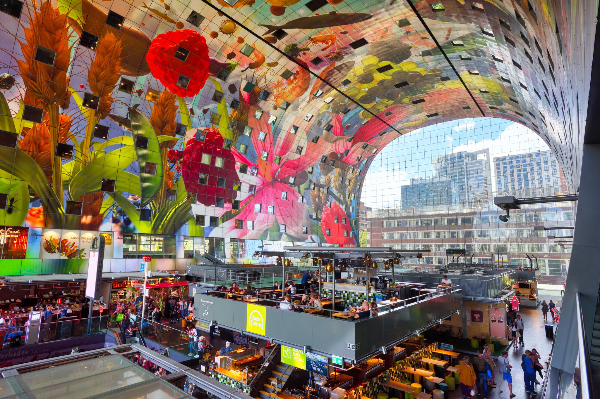 View of the colorful interior of The Markthal in Rotterdam, Netherlands.