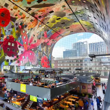 View of the colorful interior of The Markthal in Rotterdam, Netherlands.