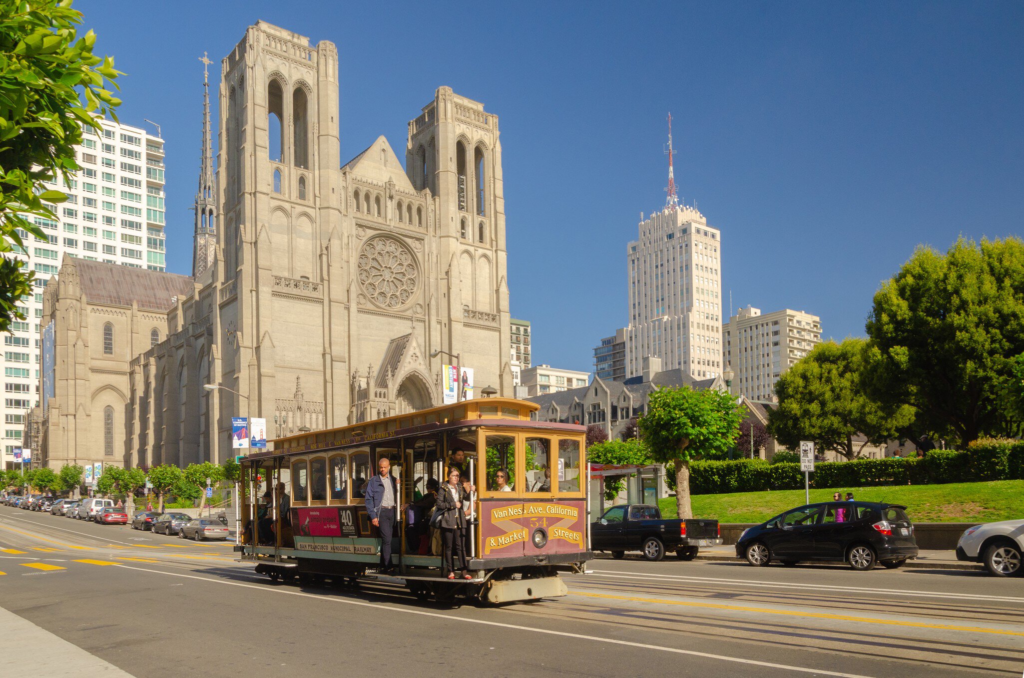 San Francisco, USA - Jun 24, 2015: Iconic Grace Cathedral stands on top of Nob Hill on a beautiful sunny, blue sky day; Shutterstock ID 1201473919; your: Meghan O'Dea; gl: 65050; netsuite: Online Editorial; full: POI